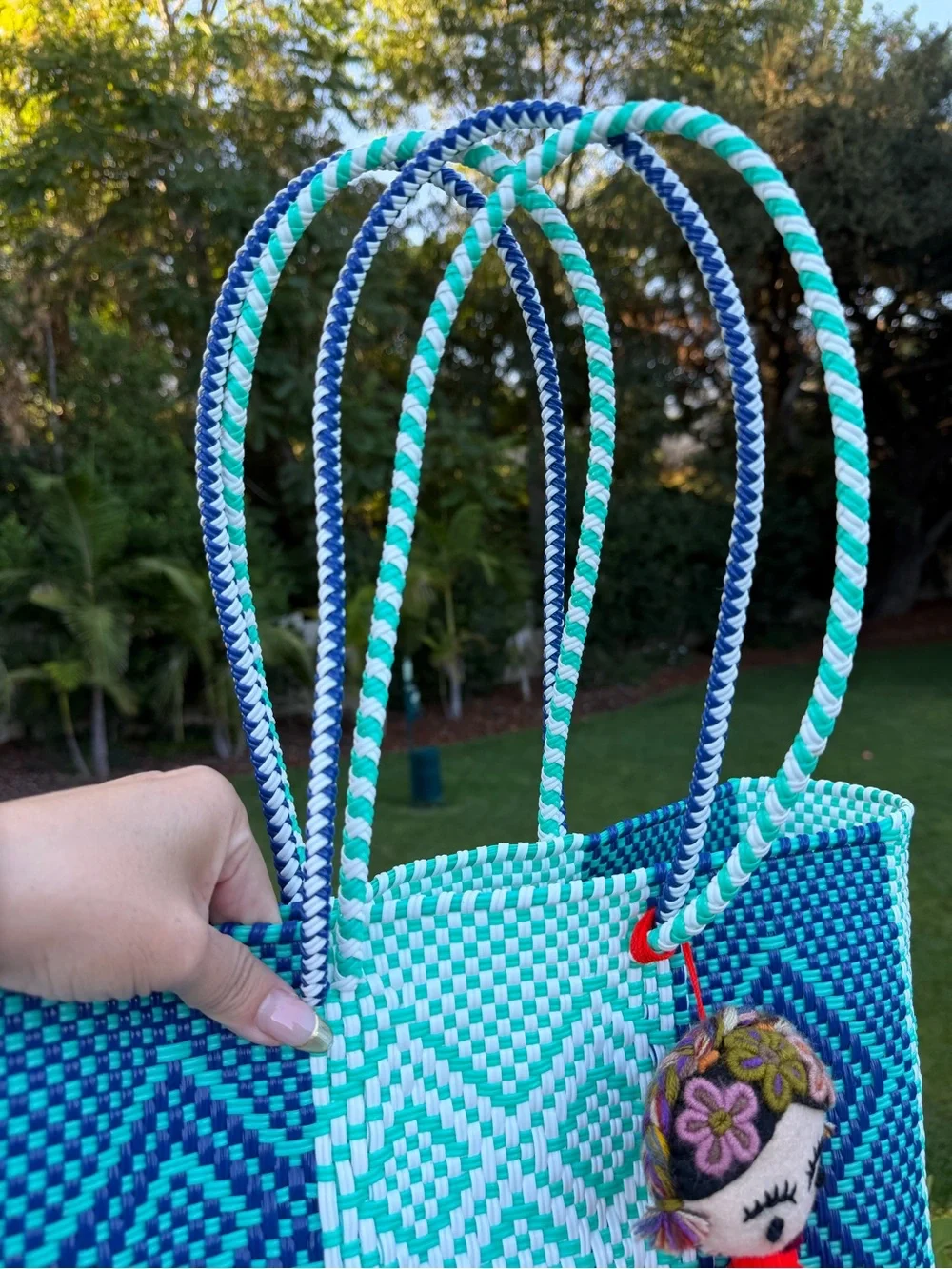 Handwoven Blue & Teal Diamond Tote Bag with Red Tassel Charm
